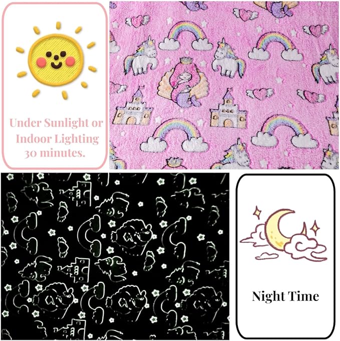 Best Gift Halloween Mermaid Princess Pattern Blanket, Unicorn Blanket Glow in The Dark, 50" x 60", Pink