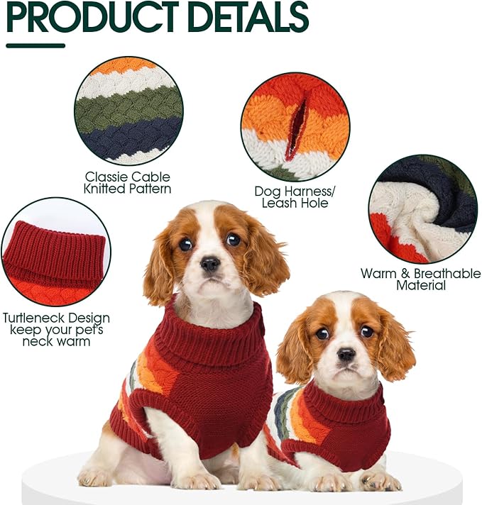 Kuoser Dog Sweater, Warm Dog Sweaters for Small Dogs Pet Christmas Clothing, Classic Cable Knitwear Cold Weather Thermal Pullover for Pug Dachshund Yorkie, Soft Puppy Turtleneck Sweatshirt, Red S