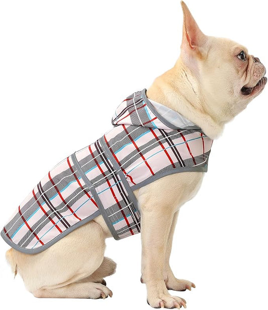 Dog Raincoat for Medium Dogs Waterproof Hooded Rain Jacket with Reflective Strips Leash Hole & Poncho Adjustable Fit (Plaid,M)