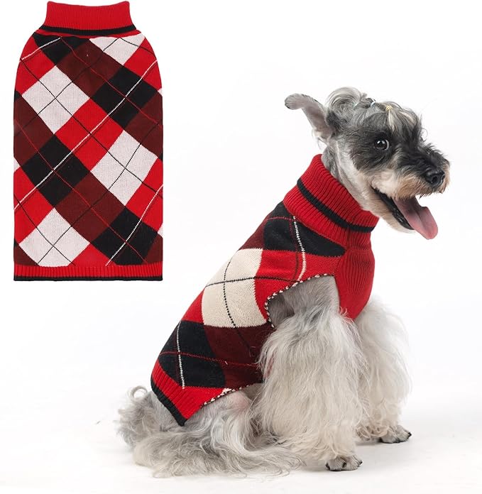 KOOLTAIL Dog Sweater Pet Knitted Clothes-Classic Plaid Pullover Turtleneck Red Fleece Dog Christmas Sweaters with Leash Hole, Thick Warm Dog Winter Clothes for Small Medium Large Dogs Cats Puppy, M