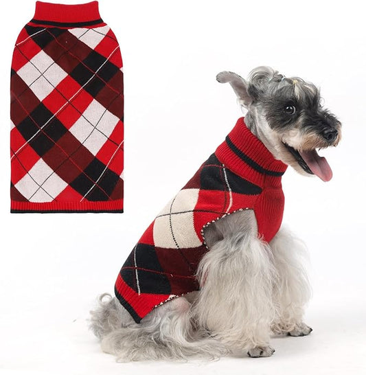 KOOLTAIL Dog Sweater Pet Knitted Clothes-Classic Plaid Pullover Turtleneck Red Fleece Dog Christmas Sweaters with Leash Hole, Thick Warm Dog Winter Clothes for Small Medium Large Dogs Cats Puppy, ML