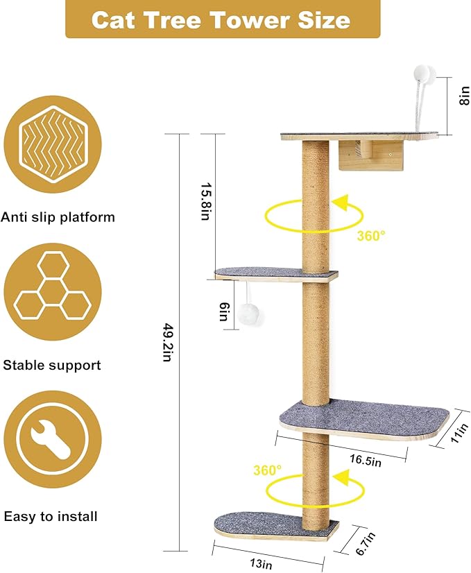 Wall Mounted Cat Tree for Kittens & Small Cats, 4-Tier Cat Wall Climber with Adjustable Grey Felt Platforms, Cat Shelves & Furniture, 49” Tall for Under 30lbs