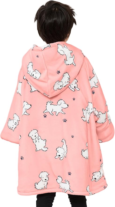 KFUBUO Wearable Blanket Hoodie for Kids Sherpa Dog Patterns Oversized Sweatshirt Blanket with Pocket 6-10 Year Old Girl Boy Birthday Gifts
