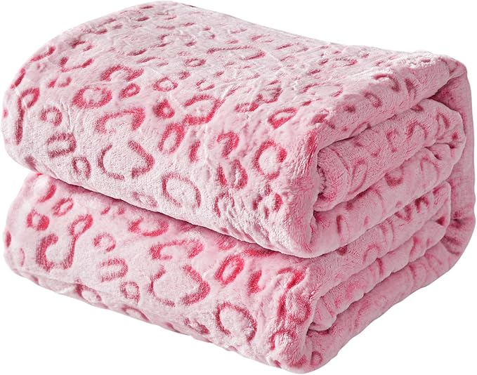 FY FIBER HOUSE Flannel Fleece Leopard Print Throw Blanket Super Soft Lightweight Fluffy Throw for Couch, 90"X90",Hot Pink