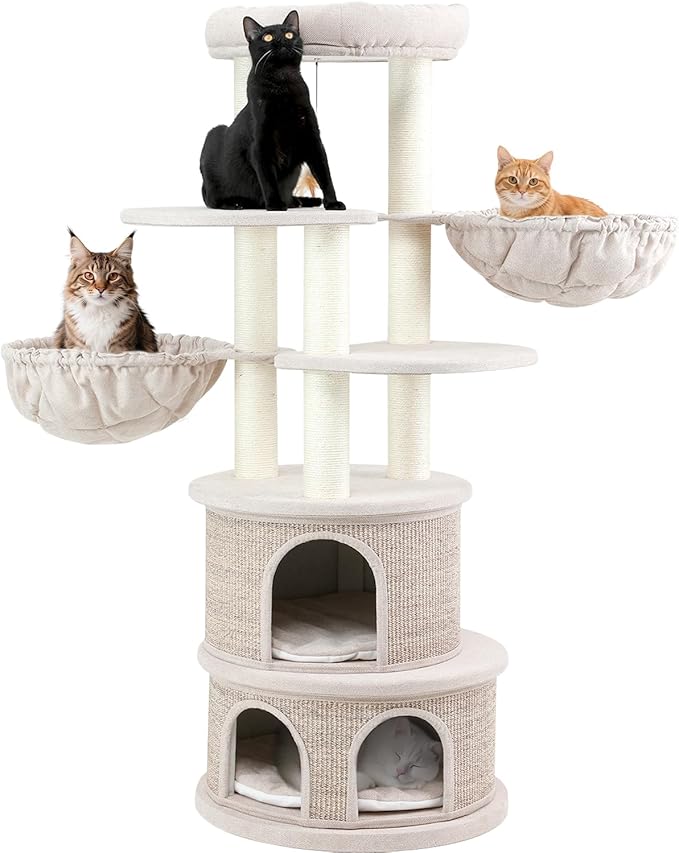 67'' Luxury Cat Tree,Large Modern Wood Cat Tower for Indoor Cats Adults,Multi-Levels Cat Condo with Sisal House and Removable Mats,Hommock,Large Platform,Heavy Duty Furniture (65inch)