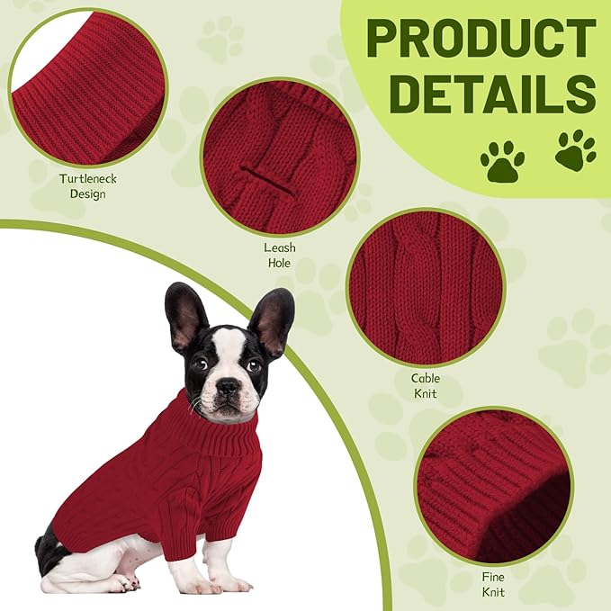 Small Dog Thermal Pullover Sweater, Classic Turtleneck Cable Knitwear Dog Clothes for Cold Weather Warm Pet Clothes for Chihuahua, Bulldog, Dachshund, Pug Red XX-Large