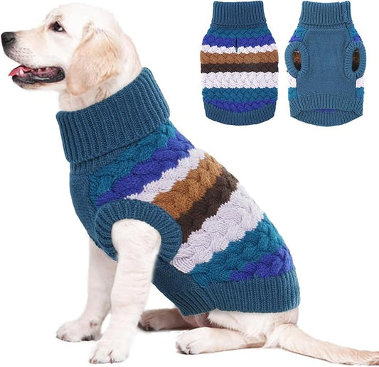 Kuoser Dog Sweater, Pet Cable Knitted Pullover Puppy Warm Clothes, Dog Turtleneck Classic Knitwear Soft Thickening Outfit, Cold Weather Xmas Thermal Wear for Large Size Dogs, Blue 3XL