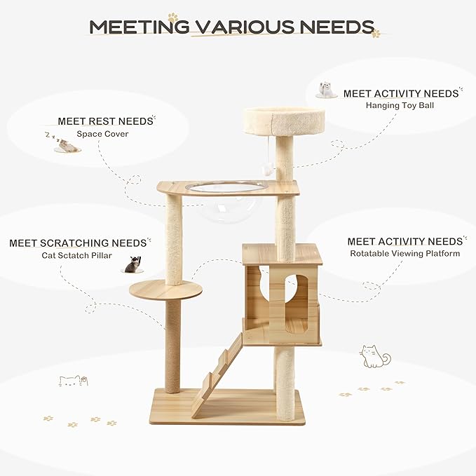 EUREKA ERGONOMIC Cat Tree Tower, 46.5 Inch Modern Cat Tower with Scratching Post, Multi-Level Large Cat Condo Wooden Cat Stand with House, Pompoms, Cat Tree with Scratch Pad (Yellow)