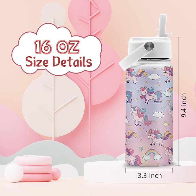 Gifts for Unicorn Lovers, 16 oz Water Bottles with Straw Lid, Stainless Steel Insulated Tumbler for Travel Outdoor, Cute Unicorn Water Bottle Gifts for Birthday Christmas