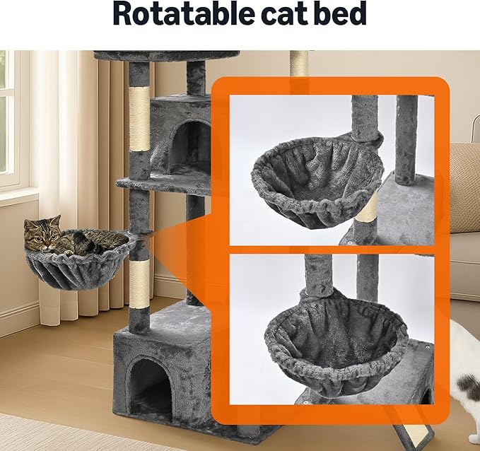 Amazon Basics 68-Inch Large Cat Tree Tower, Multi-Level Activity Center with 2 Large Condos, Multiple Sisal Scratching Posts and Hanging Pompoms, Gray