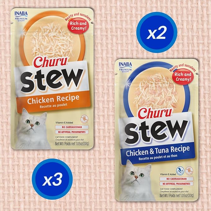 INABA Churu Stew for Cats, Broth Gelée with Shredded Chicken Side Dish with Vitamin E, 1 Ounce per Pouch, 5 Pouches Total, Chicken & Tuna Variety Pack