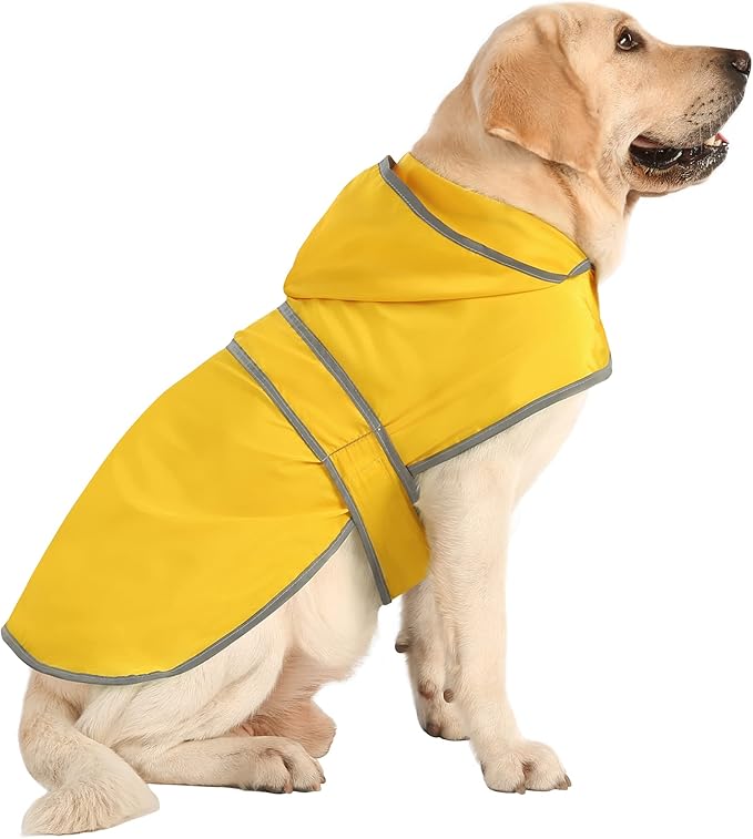 Dog Raincoat for Medium Dogs Waterproof Hooded Rain Jacket with Reflective Strips Leash Hole & Poncho Adjustable Fit (Yellow,L)
