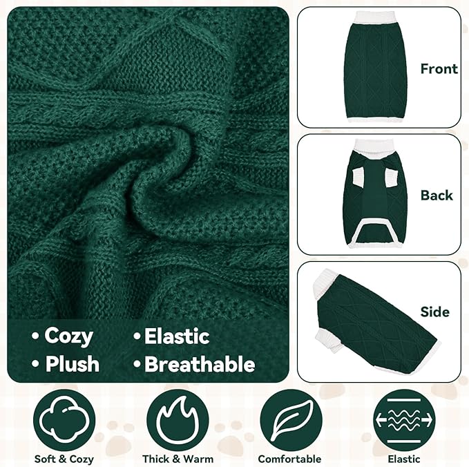 Dog Sweater for Large Dogs Argyle Cable Knit Turtleneck Pullover Winter Clothes Boys Girls Stretch Golden Retriever Labrador Bulldog Pitbull Doberman Pet (XL, Green)
