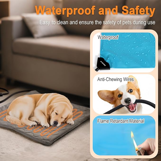 Pet Heating Pad for Cats & Dogs Indoor Outdoor, Warming Cat Heating Pad with Chew Resistant Cord, Adjustable Temperature and Time, Heated Pet Bed Mat Waterproof for Cats Dogs (Grey, 15.7'' × 27.6'')