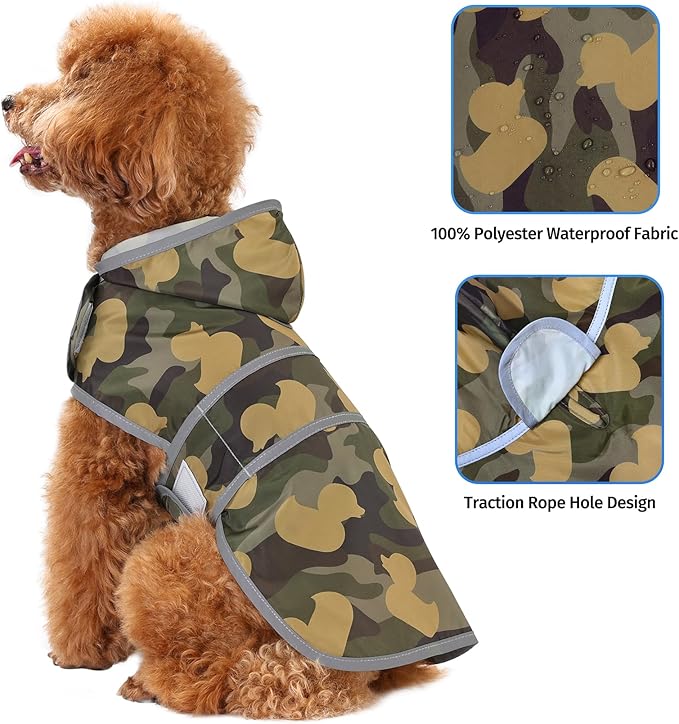 Dog Raincoat for Small Dogs Puppies Waterproof Hooded Rain Jacket with Reflective Strips Leash Hole & Poncho Adjustable Fit (CamoDuck,XS)