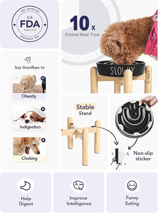 Ceramic Slow Feeder Dog Bowls Elevated, 3 Cups Raised Dog Bowl with Wooden Stand for Medium Large Breed to Slow Down Eating, Puzzle Food Bowl,Black