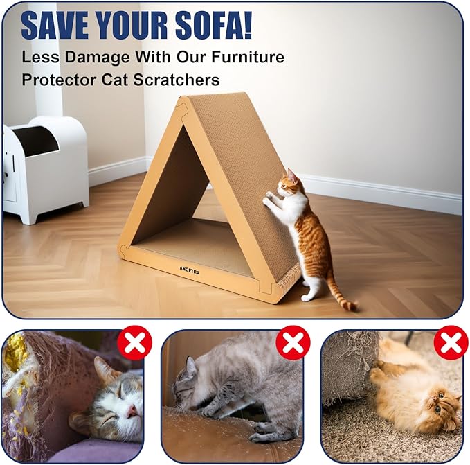 3 Pack Cardboard Cat Scratcher & Scratch Pad with Catnip, Buildable Triangle Cat House w/ 6-Sided Use, Furniture Protection for Indoor Cats