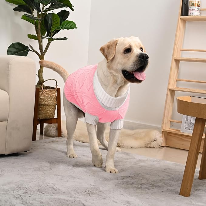 Dog Sweater for Large Dogs Argyle Cable Knit Turtleneck Pullover Winter Clothes Boys Girls Stretch Golden Retriever Labrador Bulldog Pitbull Doberman Pet (XL, Pink)