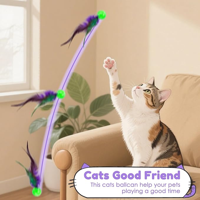 SHENGSEN Feather Wand Cat Toy,Bouncy Ball with Tail Cat Toys,Magic Worm with Large Colorful Ball Toy for Cats,Cat Feather Toys for Indoor Cats,Colorful Fuzzy Worm Bouncy Balls Cat Toy (ADM102-A-4B)