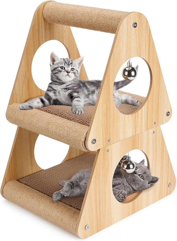 Ownpets Cat Scratcher Cat House, Double-Layer Triangular Shape Cat Scratching Board, 2 in 1 Cat Scratching Post with Ball Toys for Indoor