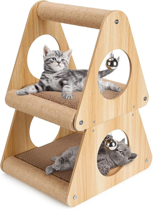 Ownpets Cat Scratcher Cat House, Double-Layer Triangular Shape Cat Scratching Board, 2 in 1 Cat Scratching Post with Ball Toys for Indoor