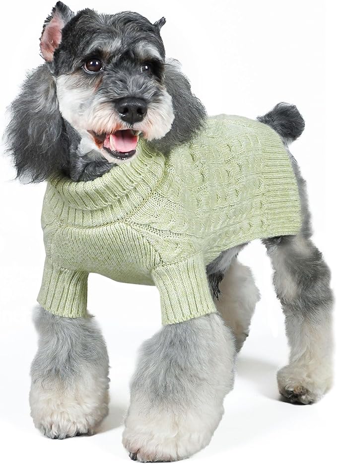 KYEESE Dog Sweater for Small Dog, Turtleneck Pet Coats Classic Cable Knit Warm Dogs Clothes Pet Knitwear Small Dogs Sweater with Long Sleeve for Cold Weather, Green, Medium