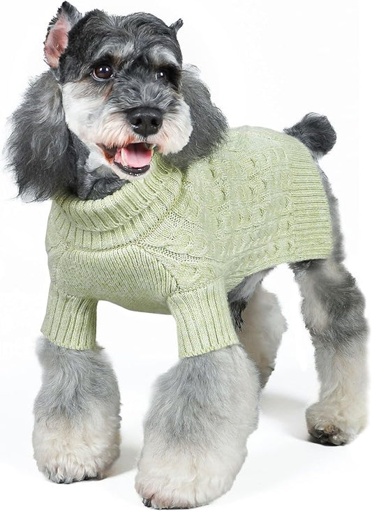 KYEESE Dog Sweater for Small Dog, Turtleneck Pet Coats Classic Cable Knit Warm Dogs Clothes Pet Knitwear Small Dogs Sweater with Long Sleeve for Cold Weather, Green, Medium