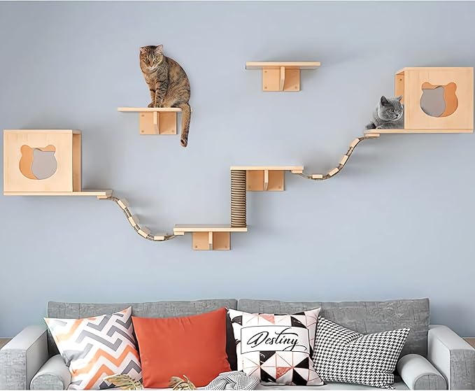 PETKABOO Cat Wall Shleves and Perches, Pine Wooden Cat Wall Furniture Climbing Shelves with Climber, Condo, Scratching Post, Ladder & Platform