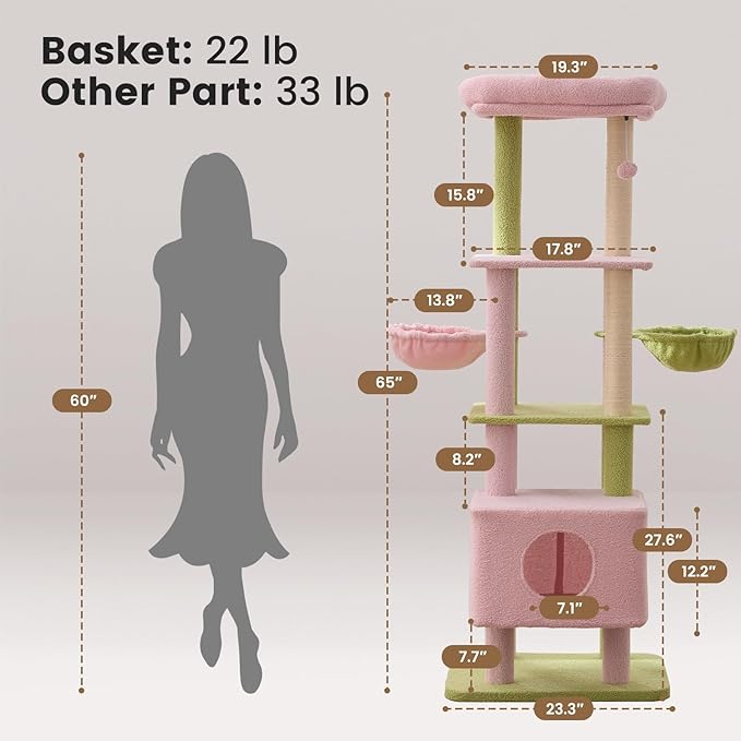 Gardner Pet 65in Heavy Duty Cat Tree Tower for Large Cats, Multi-Level Cat Furniture with Replaceable Sisal Scratching Post, Hammock | Extra-Large Platform & Condo (Pink&Green, Basic φ:2.84")