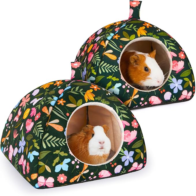 Glittme Guinea Pig Hideout 2Pack Guinea Pig Bed with Soft Pads Washable Small Animal Bed with Non-Slip Bottom Rabbit Hideout for Ferrets, Hamster, M
