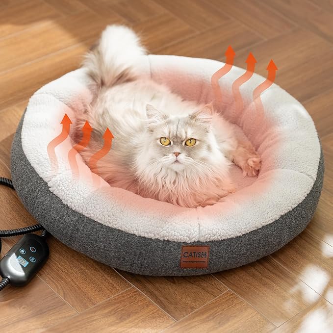CATISM Heated Cat Bed Indoor - Self Warming Cats Beds, Heating Cat Beds for Indoor Kitten or Small Animals, Cozy Donut Heated Kitty Cave with Timer & Temp Adjustable, Heating Pad with Non-Slip Bottom