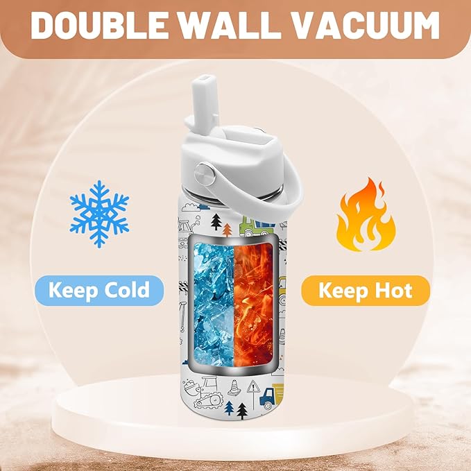 16 oz Water Bottle with Straw Lid, Stainless Steel Insulated Tumbler, Cute Construction Water Bottles for Birthday Christmas