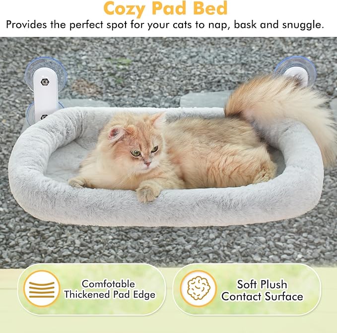 Cat Window Perch, Cordless Cat Hammock Window Seat with Cozy Pad Bed Cover for Indoor Cats, Durable Metal Frame Support Pet Bed with 4 Suction Cups for Large Cats (Cushion Pad Bed - Grey)