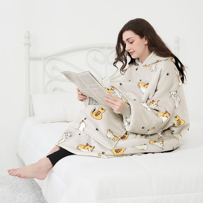 KFUBUO Wearable Blanket Hoodie for Adults Sherpa All Patterns Cat Oversized Sweatshirt Blanket with Pockets for Women
