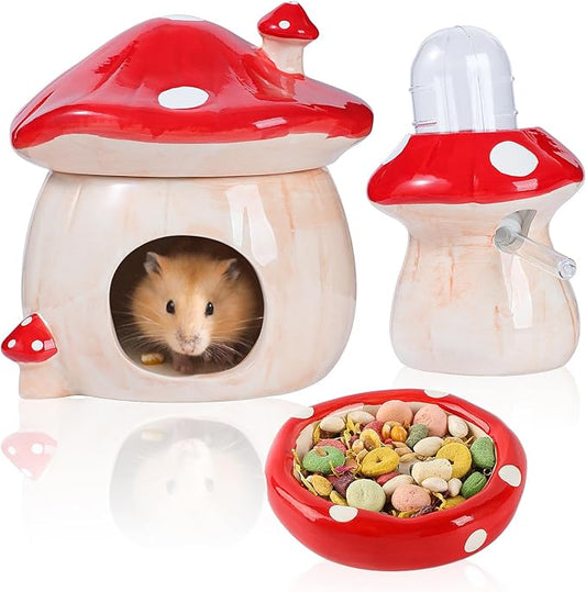 Ceramic Hamster Hideout, Hamster Water Bottle Holder and Food Bowl, Red Ceramic Mushroom House Design– Complete Cage Accessories for Small Animal cage Decorations