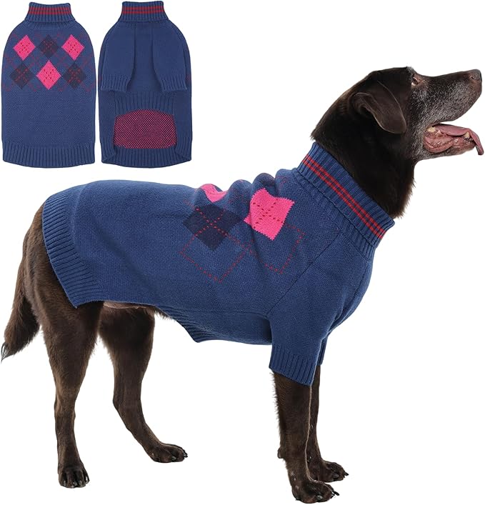 Boy Dog Sweater, Dog Sweaters for Large Dogs Boy, Winter Warm Pullover, Turtleneck Knit Dog Christmas Sweater with Sleeves, Soft Stretchy Knitwear for Cold Weather, Holidays - Blue L