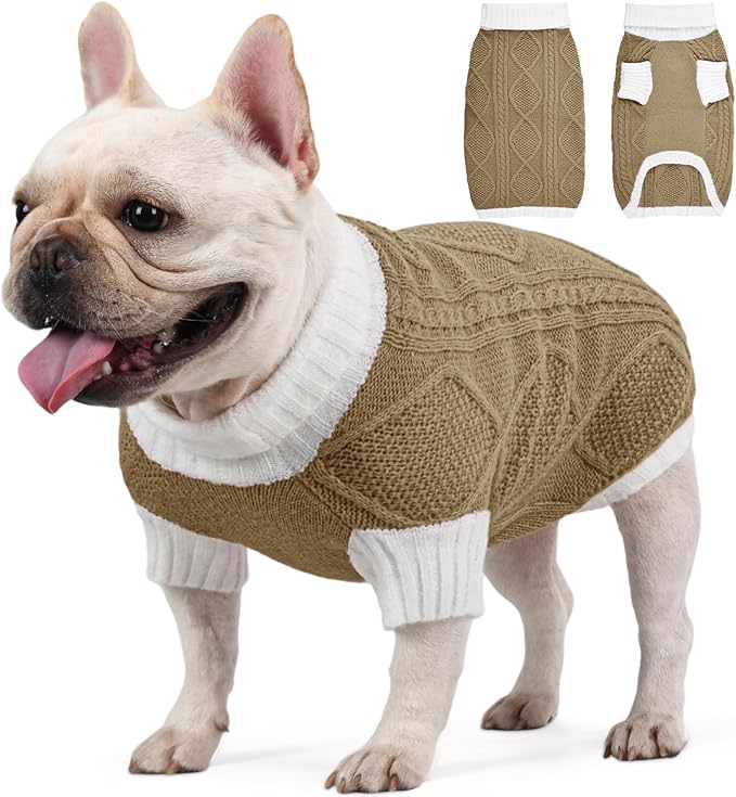Dog Sweater for Medium Dogs Argyle Cable Knit Turtleneck Pullover Winter Clothes Boys Girls French Bulldog Dachshund Corgi Beagle Pug Pet (M, Brown)