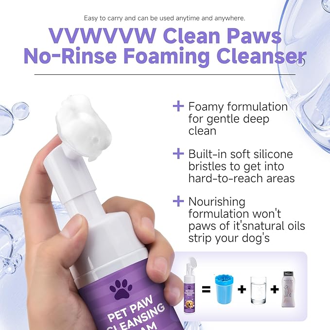 Dog Paw Cleaner Kit – Soft Silicone Brush for Safe Mud & Odor Removal, Travel No-Rinse pH Balanced Natural Formula, Gentle Daily Use – for Rain, Snow, Mud – Includes Towel & Paw Balm