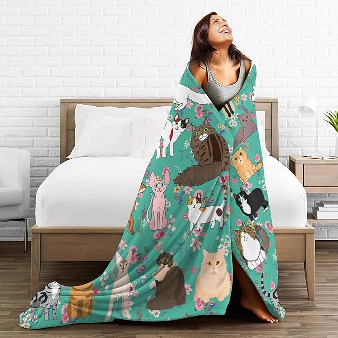 Cat Gifts Blanket 80"X60" Bed Throw Blanket Soft Lightweight Cozy Warm Blankets for Kids Teens Men Women
