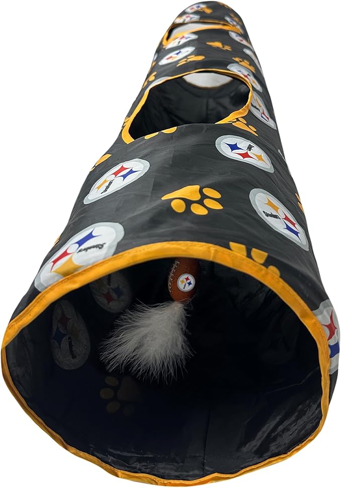NFL Pittsburgh Steelers Cat Tunnel Tube Toy with Plush Football Catnip and Feathers Collapsible Tunnel for Cats to Play, Peek and Hide, Sporty & Fun Cat Tunnel Toy with Team Logo All-Over Design!
