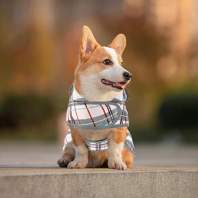 Dog Rain Coat for Large Dogs Waterproof Hooded Rain Jacket with Reflective Strips Leash Hole & Poncho Adjustable Fit (Plaid,XL)