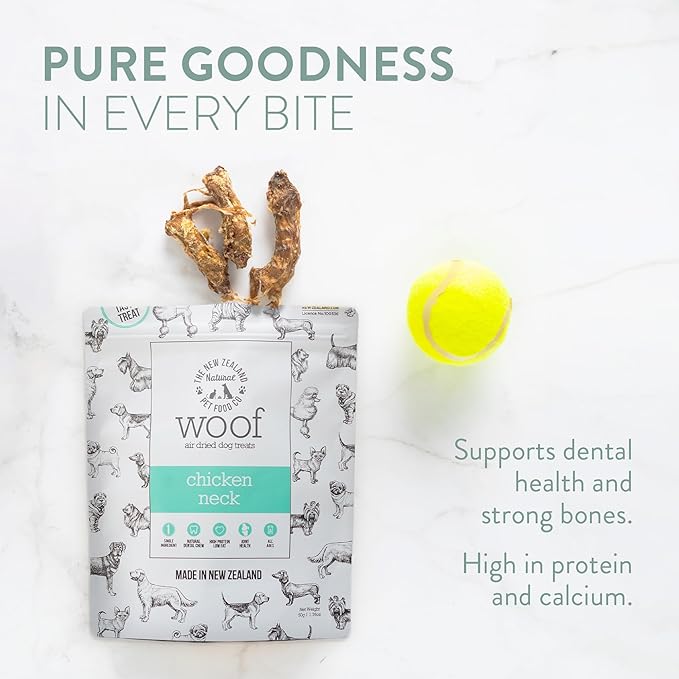 The New Zealand Natural Pet Food Co. - Air Dried WOOF Chicken Neck Treat - Mixer, or Topper - Air Dried, High Protein,Natural, Single Ingredient - 1.76oz