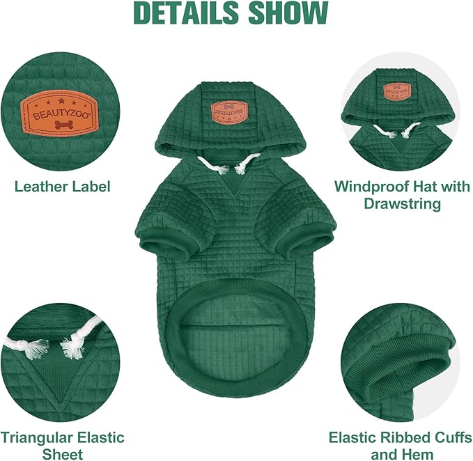 BEAUTYZOO Small Dog Hoodie Sweater with Pockets, Dog Clothes for Small Medium Dogs Boy Girl, Waffle-Like Laminated Cotton Pet Coats with Hat and Leash Hole, Green XL