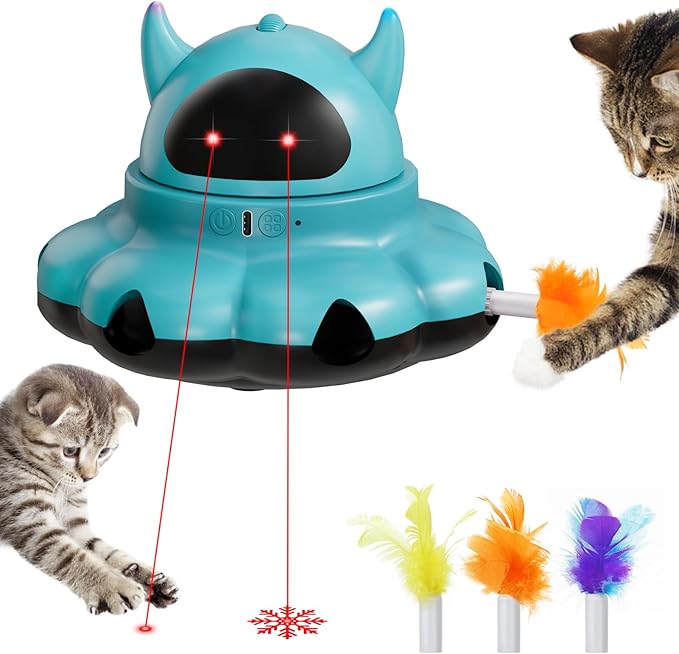 MIKK Cat Laser Toy Cat Feather Toys 2-in-1 Interactive for Indoor Cats Automatic with Remote Control Moving Ambush USB-C Rechargeable Electronic Kitten Toy for Indoor Exercise (Blue)
