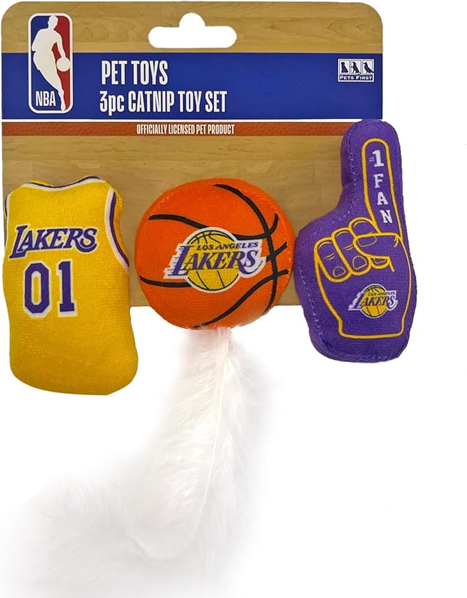 Pets First NBA LA Lakers Complete Set of 3 Piece Cat Toys Filled with Fresh Catnip. Includes: Jersey, Basketball with Feathers & #1 Fan. Beautiful Team Logos