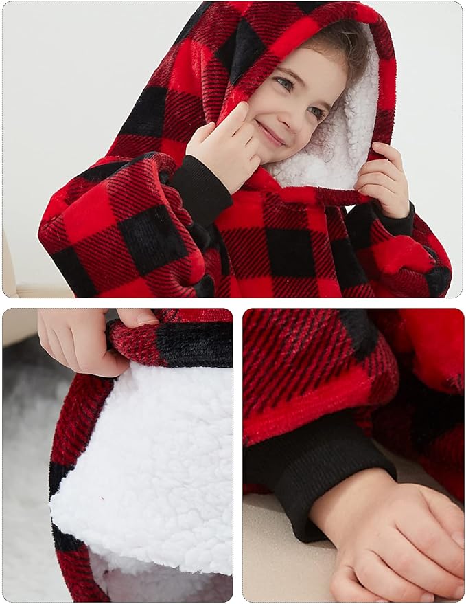 KFUBUO Wearable Blanket Hoodie for Kids Toddlers Sherpa Blanket Sweatshirt With Pocket Cute Hoodies 2-6 Year Old Girl Boy Christmas Gifts Red Plaid