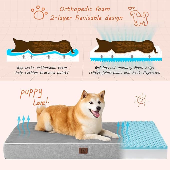 EHEYCIGA Waterproof Dog Bed Memory Foam 35x23, Orthopedic Dog Beds Mat for Large Dogs with Removable Cover, Grey