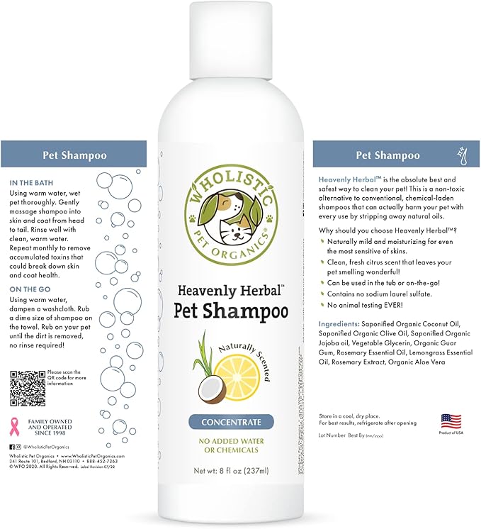 Wholistic Pet Organics Pet Shampoo Concentrate: Heavenly Herbal Organic Dog Shampoo and Conditioner - All Natural Puppy and Cat Shampoo for Dry, Itchy Skin, Allergies, Dandruff - Flea Shampoo - 16 Oz