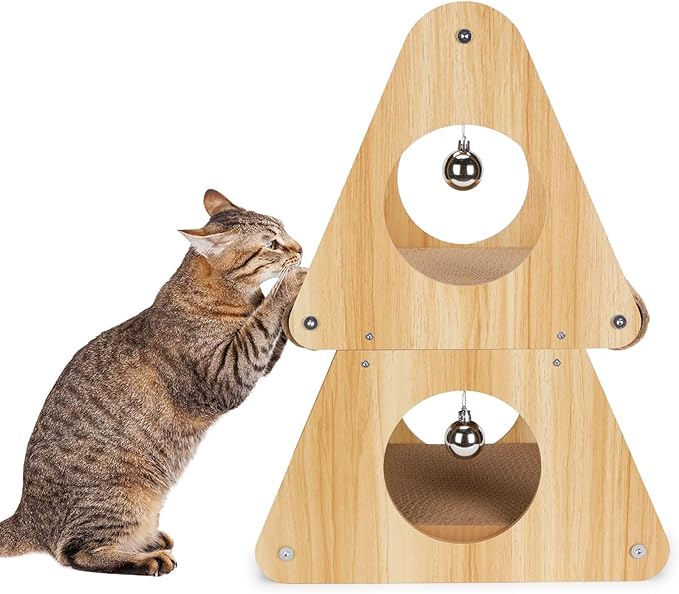 Ownpets Cat Scratcher Cat House, Double-Layer Triangular Shape Cat Scratching Board, 2 in 1 Cat Scratching Post with Ball Toys for Indoor