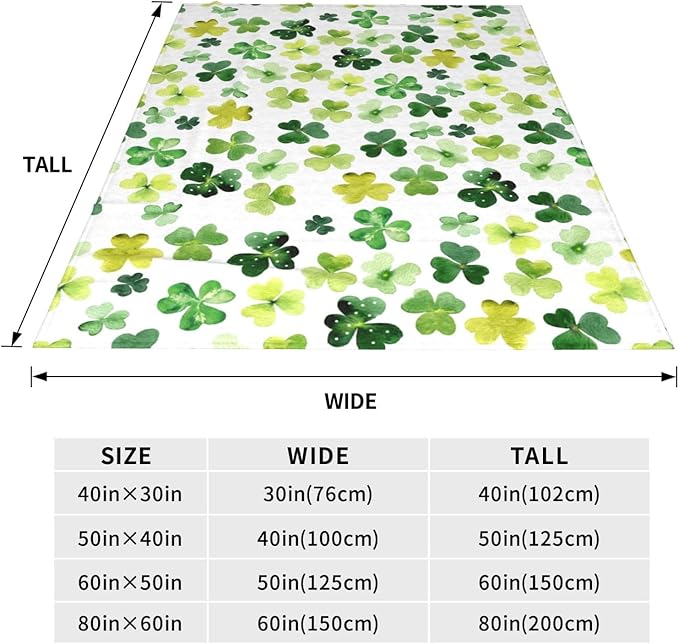 Lucky Clover Blanket, Watercolor Shamrock Cozy Throw Blanket, St. Patrick's Day Irish Green Flannel Blanket, Lightweight Warm Soft Fleece Blanket for Sofa Couch Chair, 50 x 60 Inch